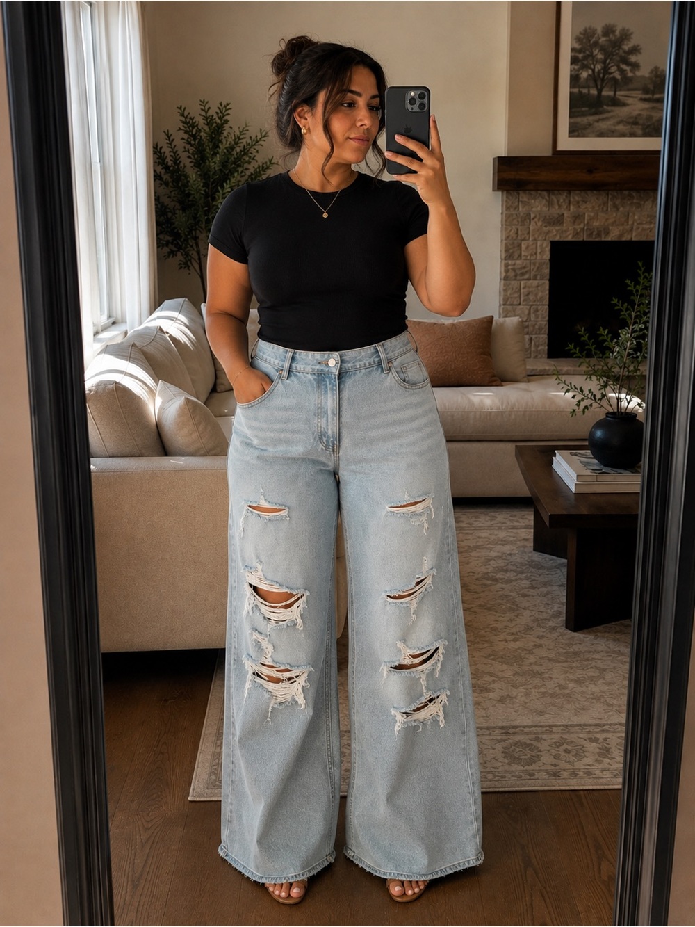Wide Leg Distressed Light Wash Jeans - Light Blue